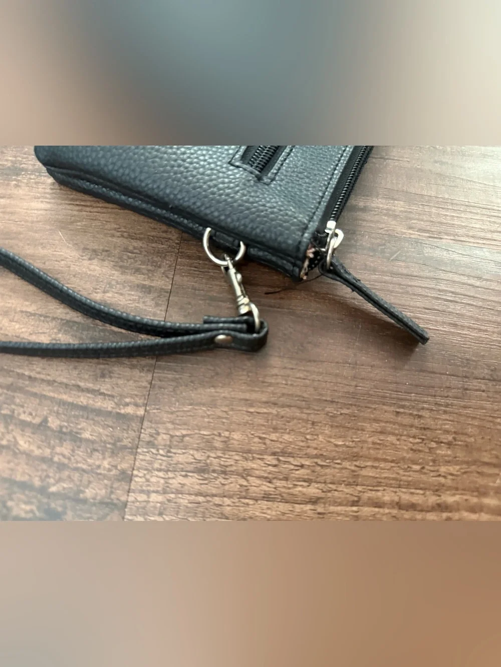 Black Pebbled Leather Wristlet Clutch with Logo Accent